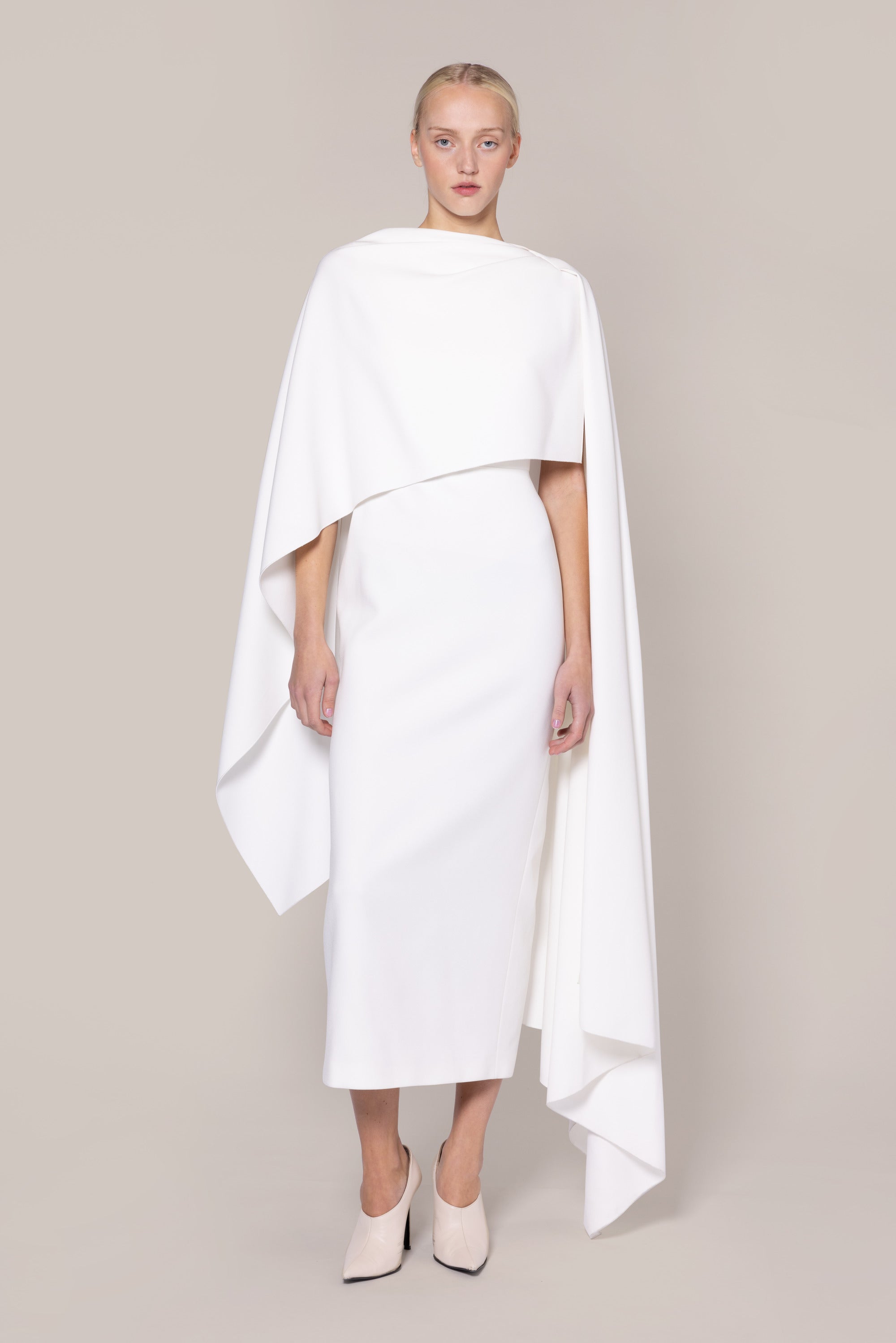 Designer Midi Dress in Ivory | Demetria | Bridal
